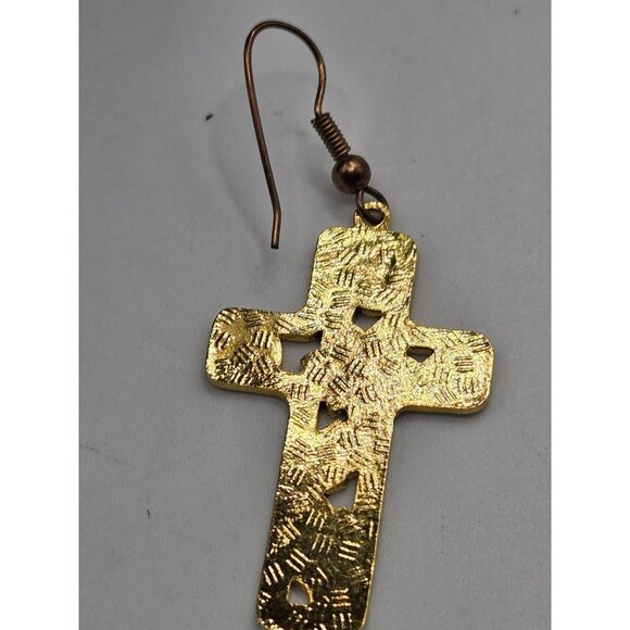 Vintage Black Floral Cloisonné Hook Cross Earrings 2 inches - Picture 2 of 6